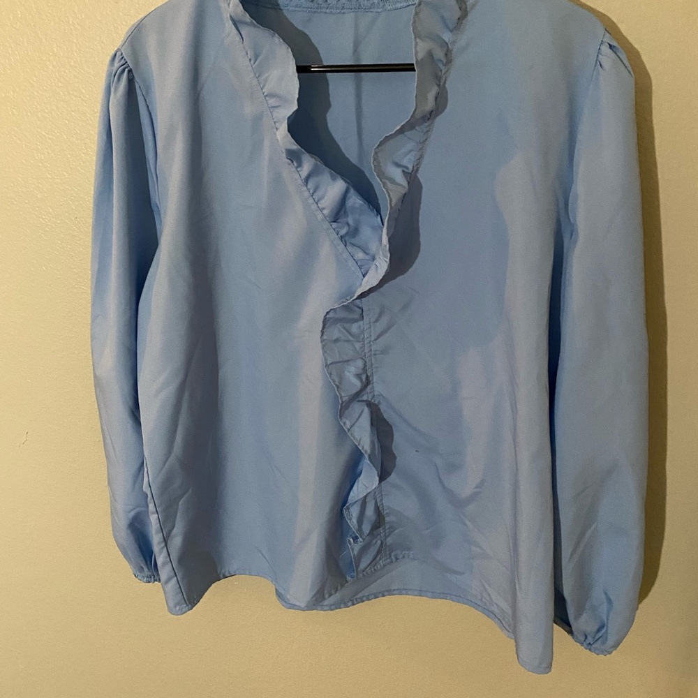 Women's Blue Ruffle Blouse - Picture 6 of 7